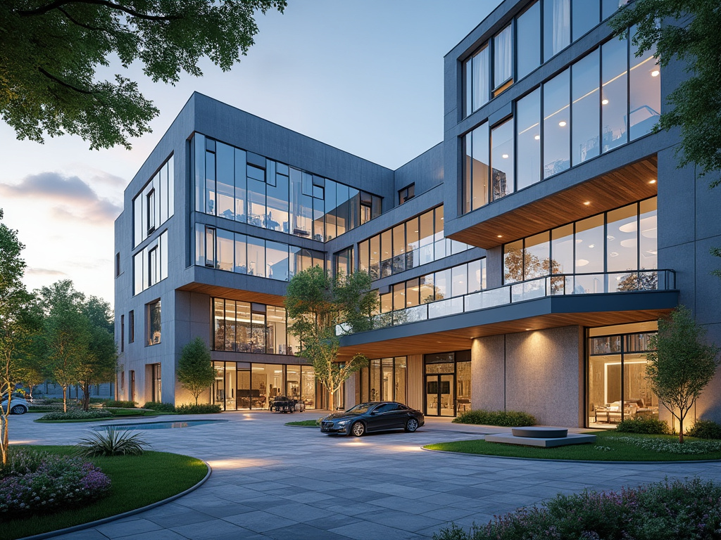 Moderno edificio de oficinas con amplias ventanas, rodeado de árboles y un auto negro estacionado al frente, al atardecer.