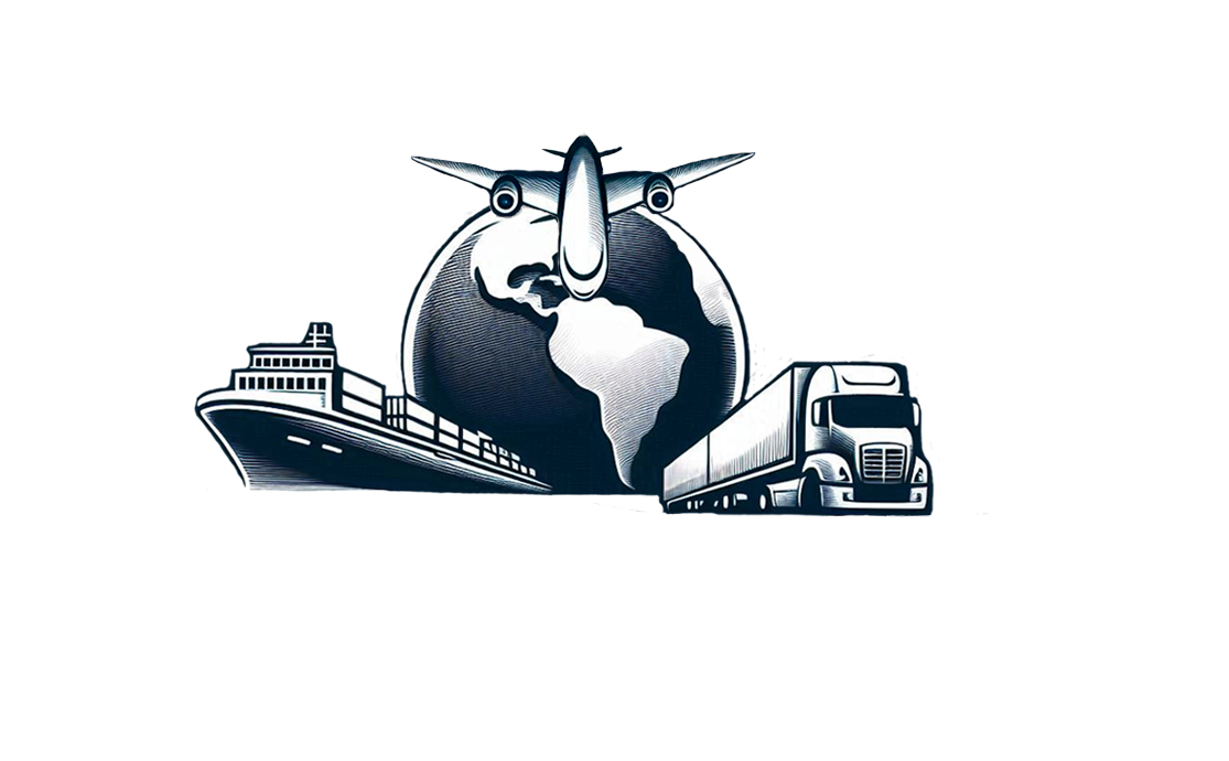 Ilustración de transporte global con barco, avión y camión frente a un globo terráqueo.