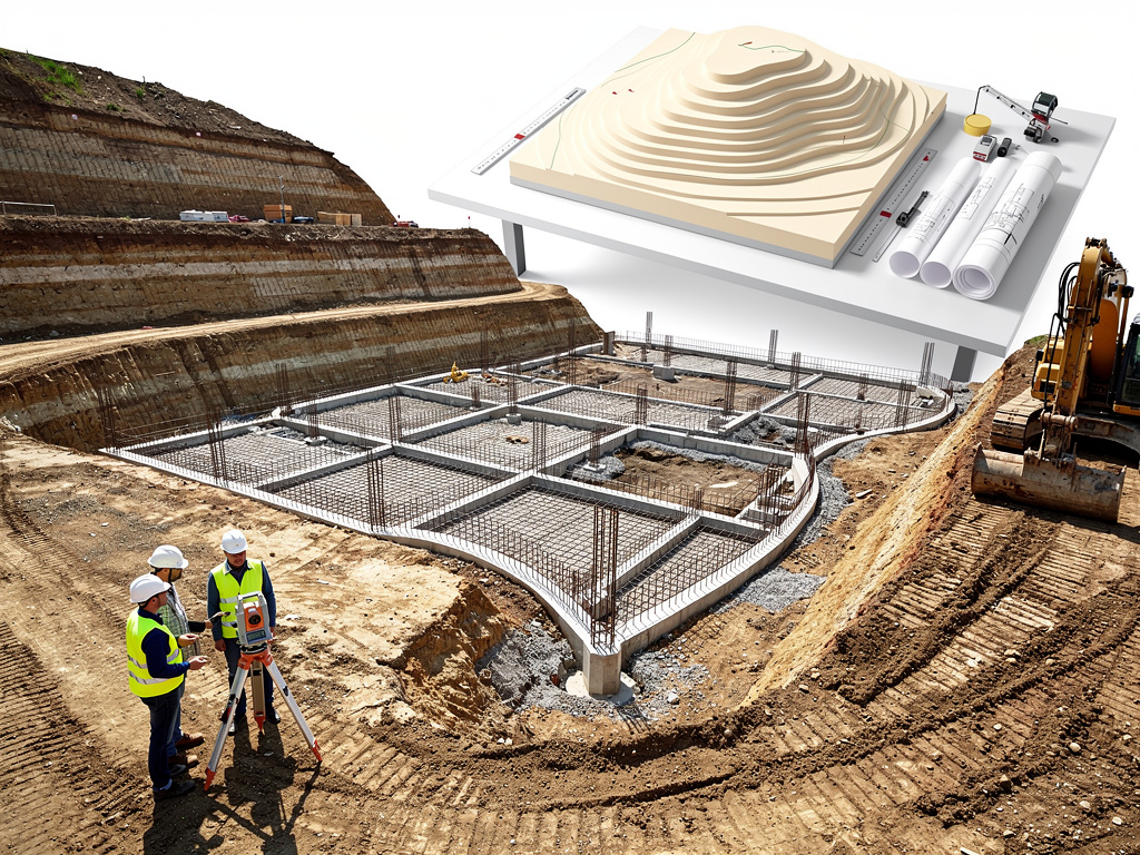 Obra de construcción con cimentación de hormigón, topógrafos, excavadora y maqueta topográfica con planos de ingeniería