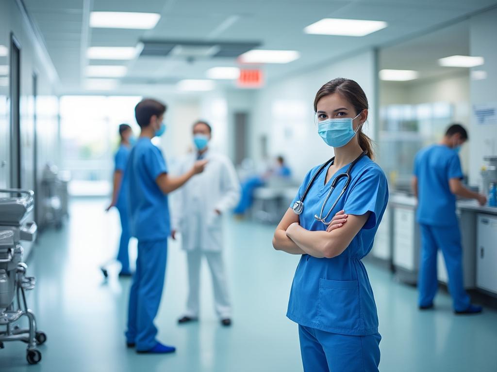 Confident female nurse in scrubs and mask standing in a hospital hallway with medical staff in background.