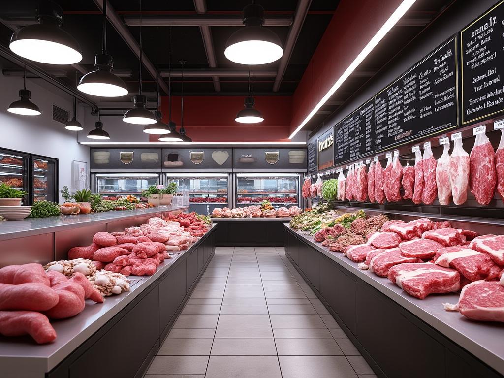 Carnicería moderna con variedades de carne y productos frescos expuestos en mostradores bajo iluminación brillante. Carnicería moderna con variedades de carne y productos frescos expuestos en mostradores bajo iluminación brillante.