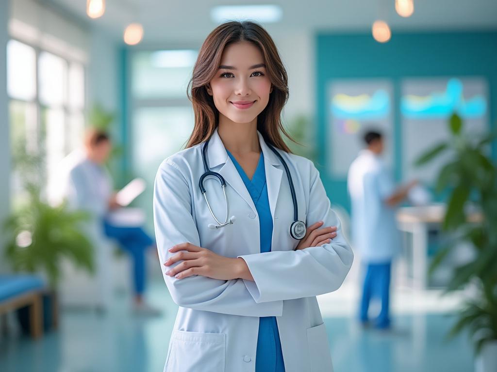 Doctora joven con bata blanca y estetoscopio en un hospital moderno.