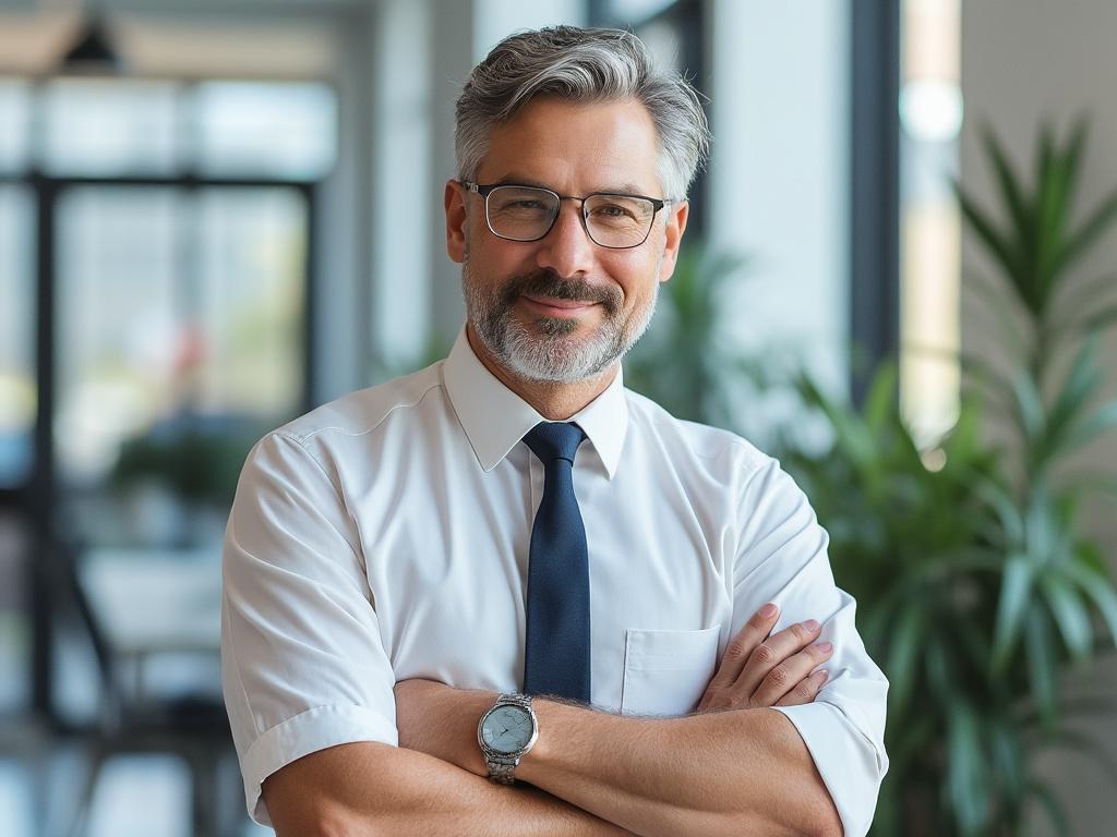 Hombre de negocios sonriendo, con camisa blanca y corbata, brazos cruzados, en un entorno de oficina con plantas.