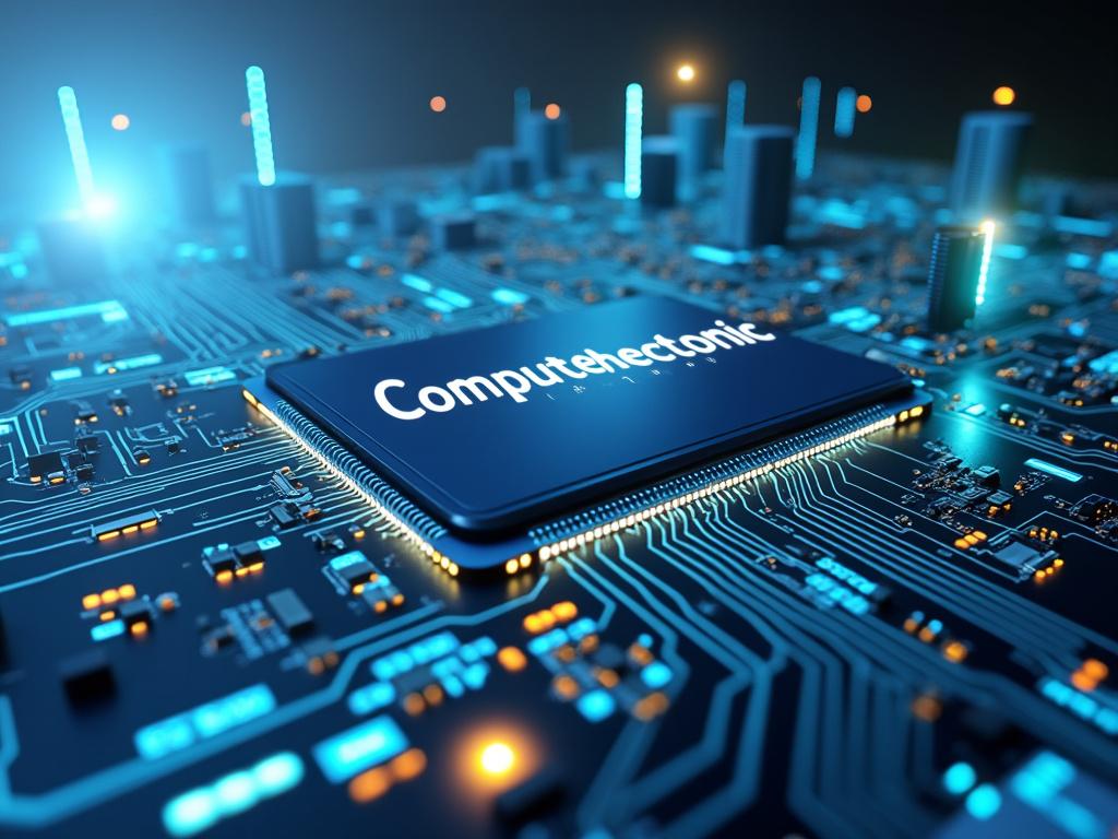 Primer plano de un microchip en una placa de circuito impreso, resaltado con luces azules modernas y un fondo urbano difuminado.