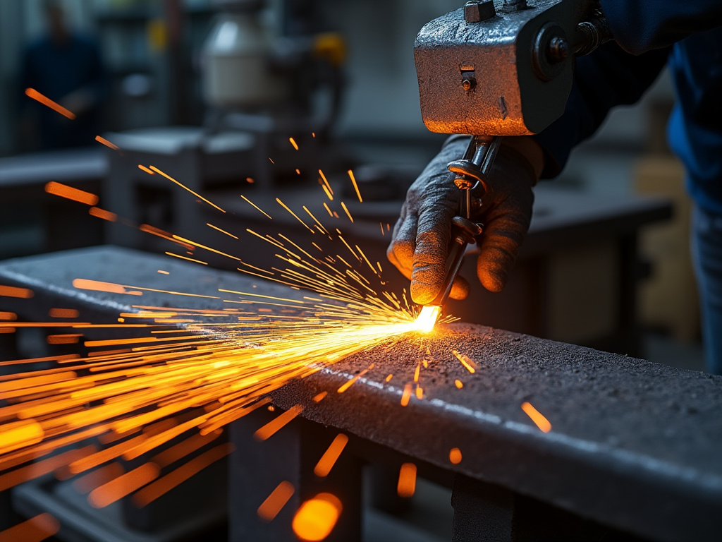 Trabajador en fábrica cortando metal con chispas volando en el taller.
