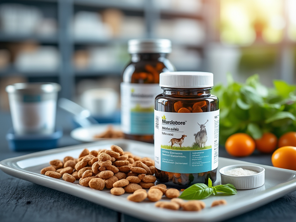 Frascos de suplementos para mascotas sobre una mesa con almendras y hojas verdes, rodeados de envases desenfocados al fondo.