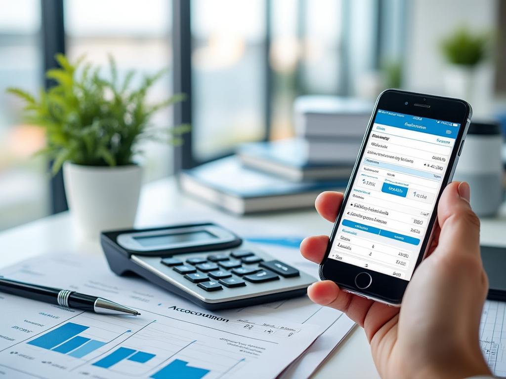 Person holding smartphone with financial app screen, calculator, and financial documents on desk