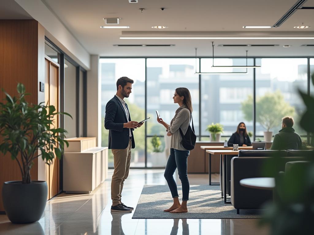 Personas conversando en una oficina moderna con grandes ventanales y plantas decorativas.