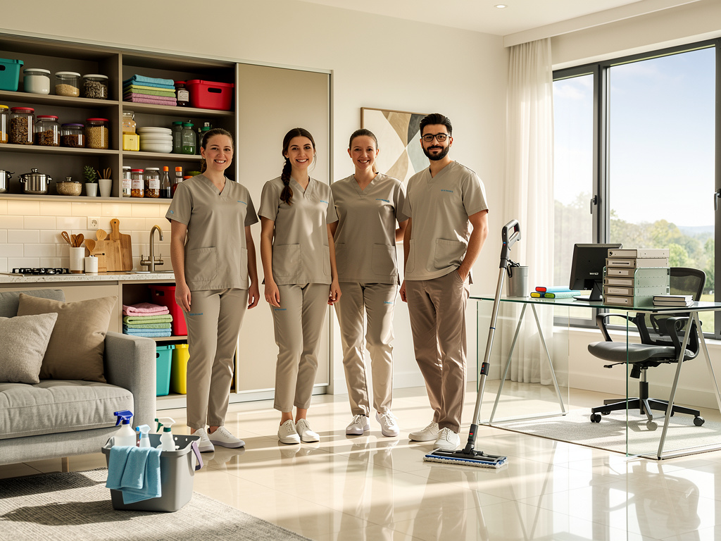 Professional home cleaning team in uniforms with cleaning supplies in a modern apartment Professional home cleaning team in uniforms with cleaning supplies in a modern apartment
