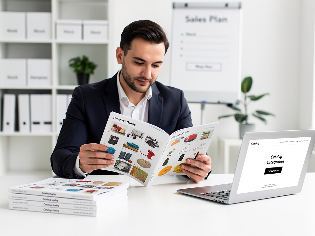 Ejecutivo revisando catálogo de productos junto a portátil con tienda online en oficina moderna