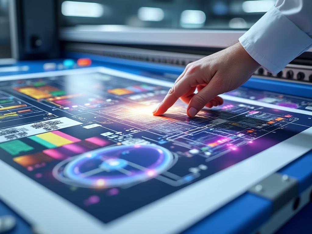 Mano tocando una pantalla táctil digital con gráficos coloridos y datos.