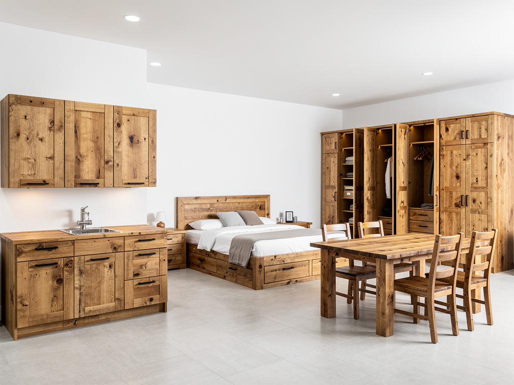 Habitación moderna con muebles de madera rústica, cama, armarios, cocina pequeña y comedor
