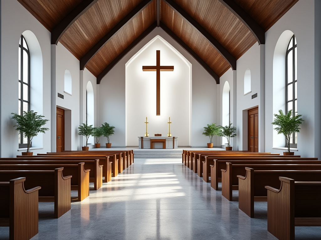 Interior de iglesia moderna con bancos de madera, techo alto y una cruz al frente.