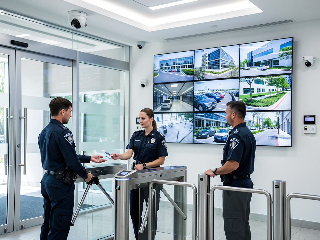 Guardias de seguridad en control de acceso con torniquetes y videovigilancia en edificio corporativo moderno Guardias de seguridad en control de acceso con torniquetes y videovigilancia en edificio corporativo moderno