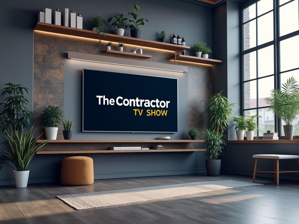 Modern living room with large TV displaying 'The Contractor TV Show', surrounded by plants and stylish shelves.
