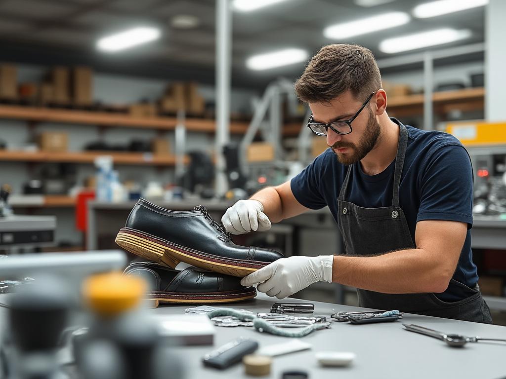 Hombre con guantes blancos y gafas trabajando en reparación de zapatos en un taller moderno con herramientas.