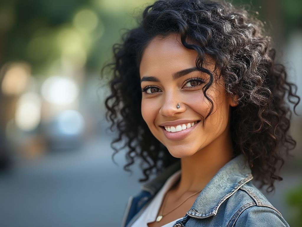 Smiling woman with curly hair and nose piercing wearing a denim jacket outdoors.