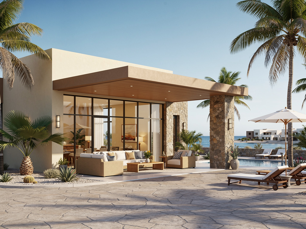 Villa moderna de lujo frente al mar con piscina, palmeras, terraza y tumbonas en entorno tropical