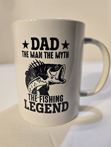 15oz ceramic mug featuring a Dad fishing legend design