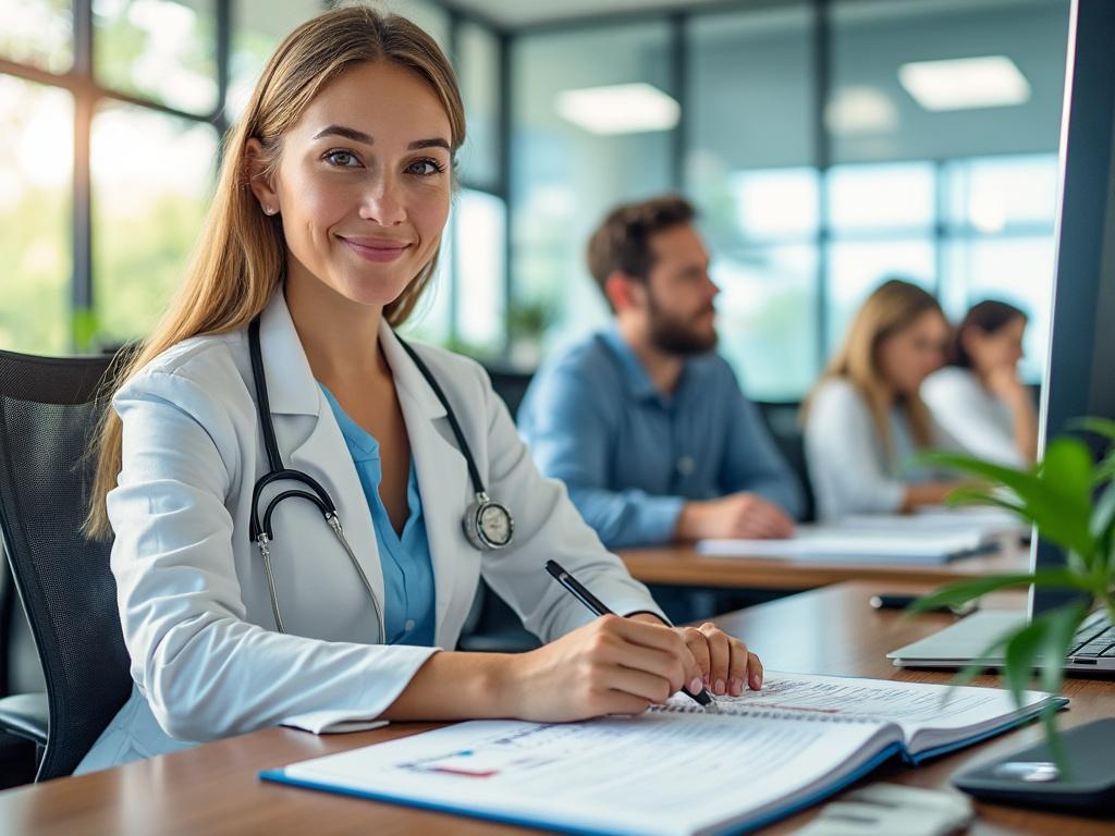 Doctora joven con bata blanca y estetoscopio, sonriendo mientras escribe en un cuaderno, en una oficina moderna.