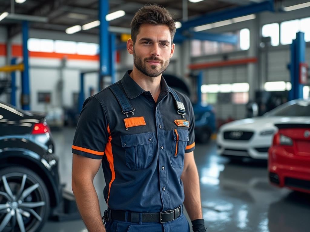 Mecánico en taller automotriz con coches de fondo.