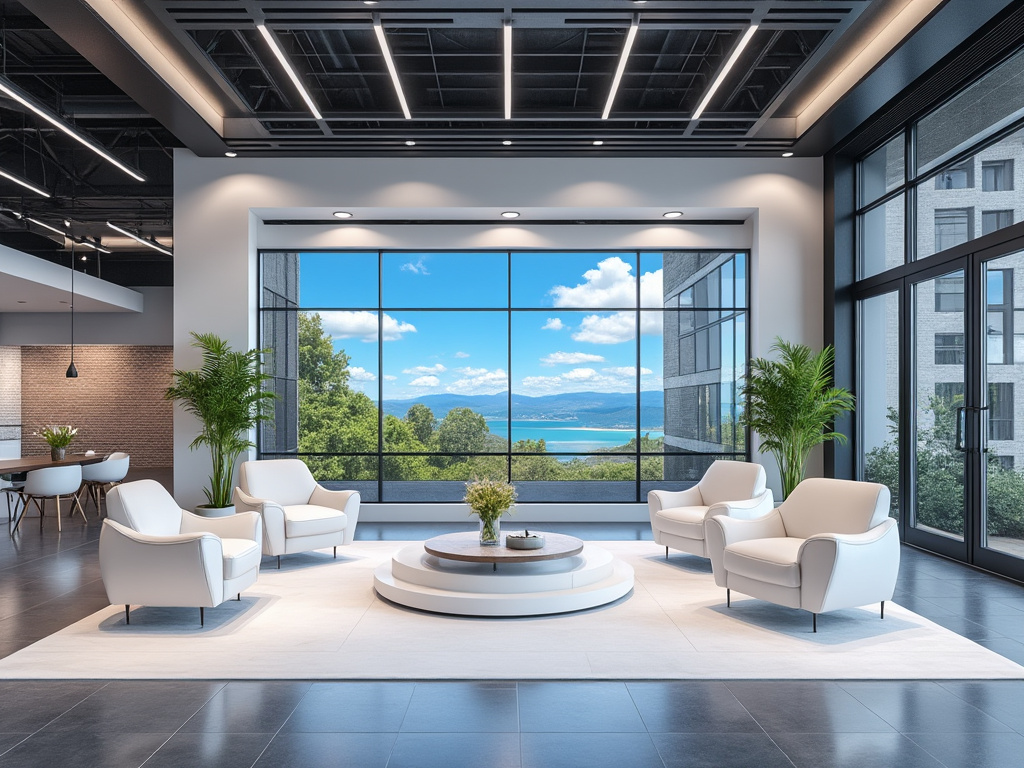 Modern office lounge with white armchairs, large windows, and views of trees and mountains.