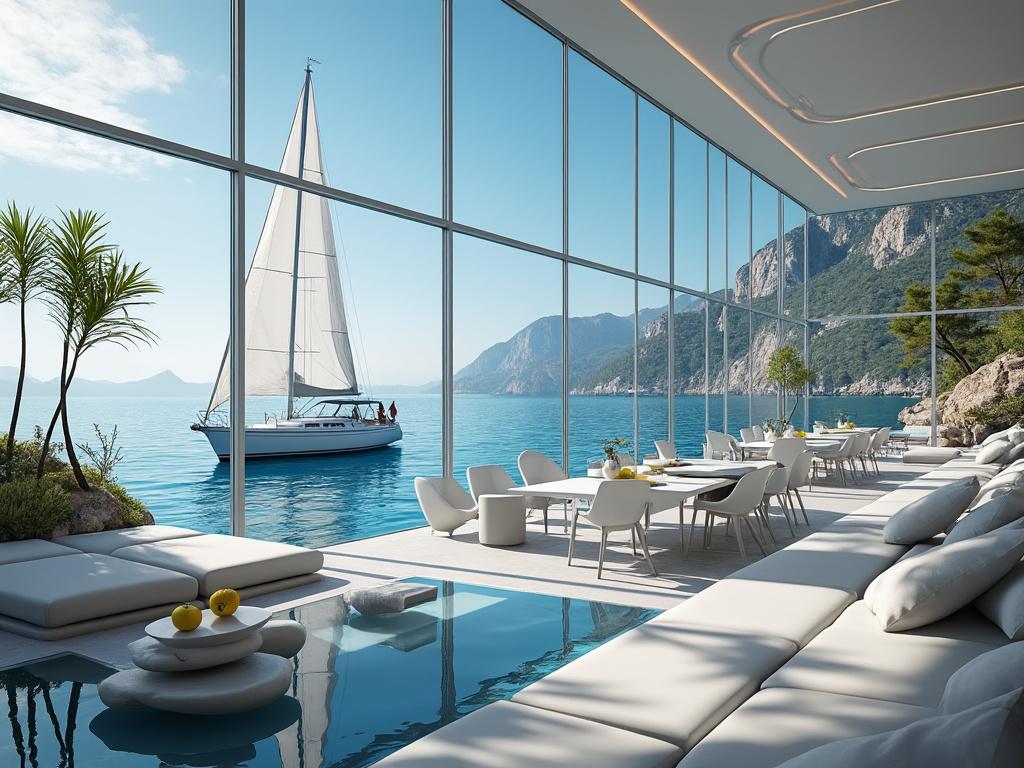 Luxurious waterfront living room with sailboat view, modern furniture, and expansive windows overlooking serene sea and mountains.