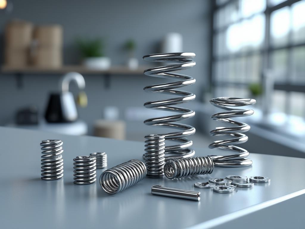 Resortes metálicos de diferentes tamaños sobre una superficie gris en un entorno industrial.