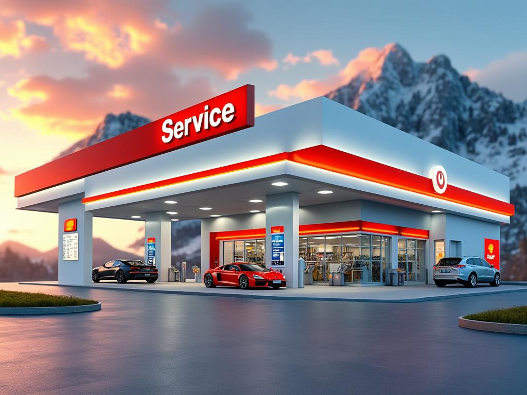 Estación de servicio moderna con autos deportivos y paisaje montañoso al fondo al atardecer.