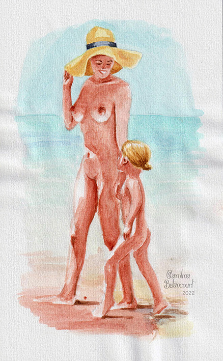 Mama e hija desnudas caminando por la playa
