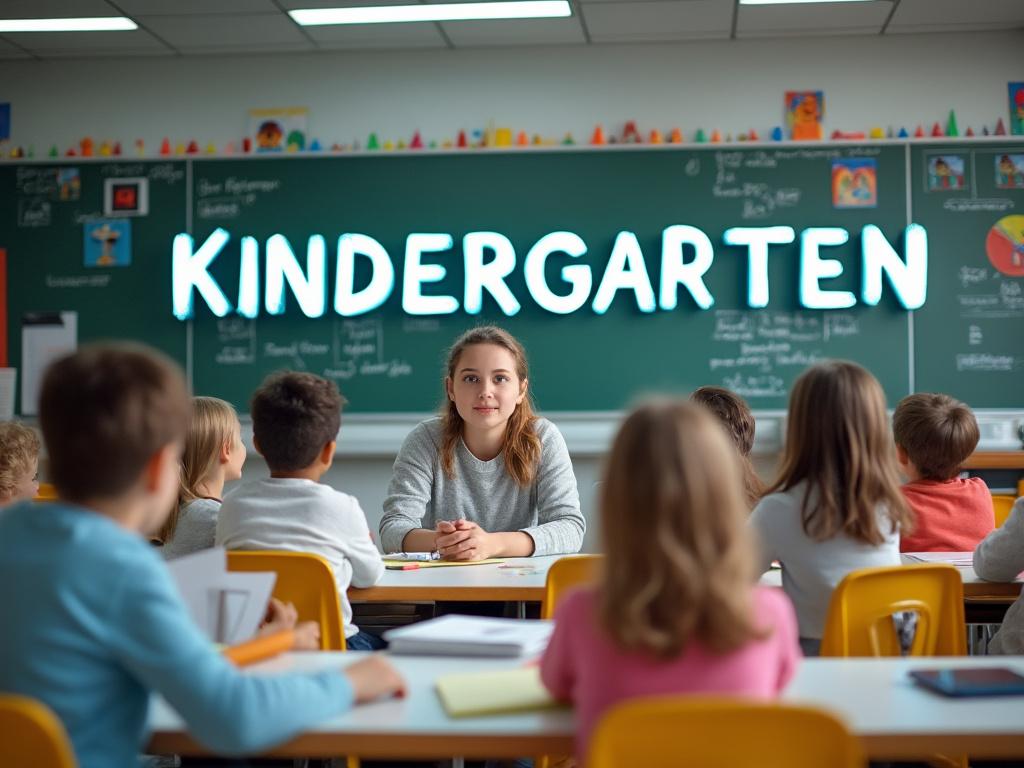 Aula de jardín de infancia con niños sentados en pupitres y maestra en el centro frente a un pizarrón verde con la palabra 'KINDERGARTEN' escrita.