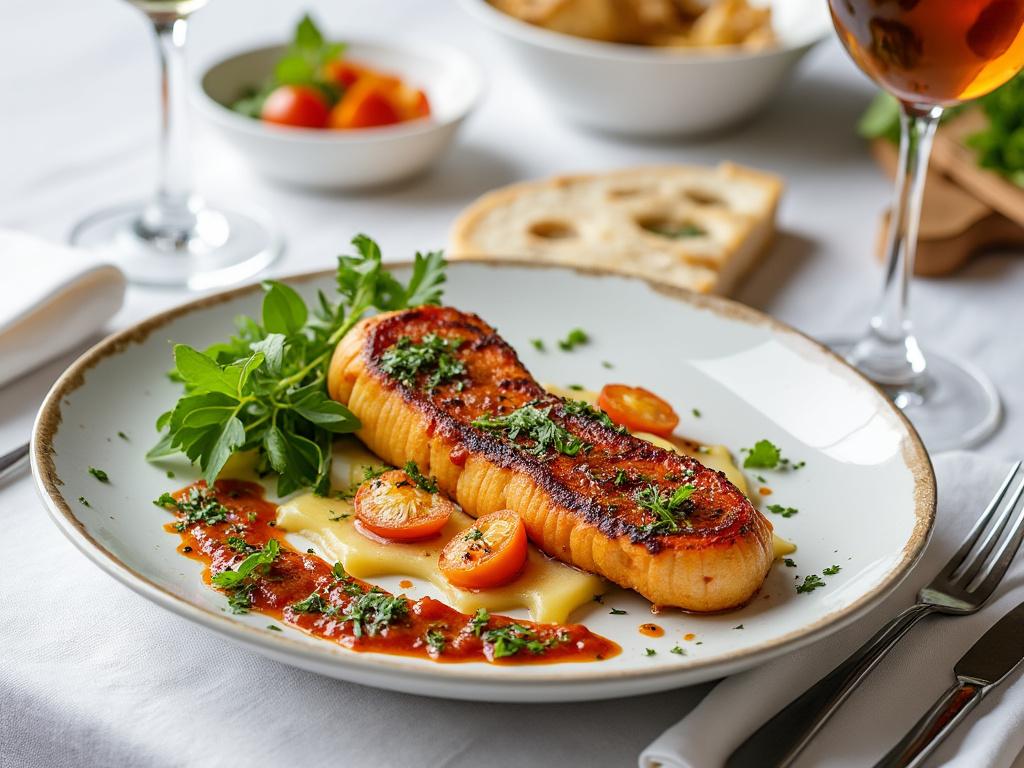 Plato gourmet con filete de salmón a la parrilla con salsa de tomate y hierbas, acompañado de guarnición de rúcula y tomates cherry.
