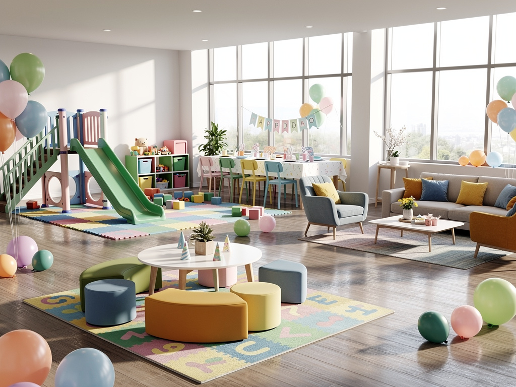 Sala de fiestas infantil luminosa con globos, tobogán, mesas coloridas y decoración de cumpleaños