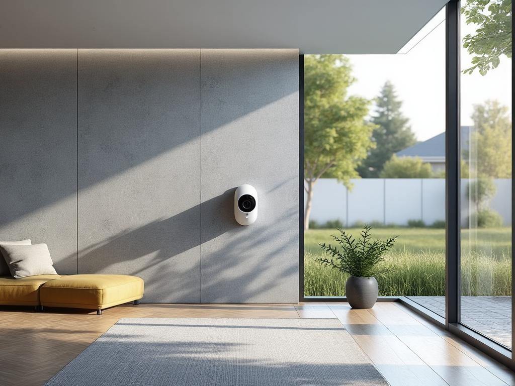 Sala moderna con altavoz montado en la pared, sofá amarillo, y ventana amplia que muestra un jardín verde.
