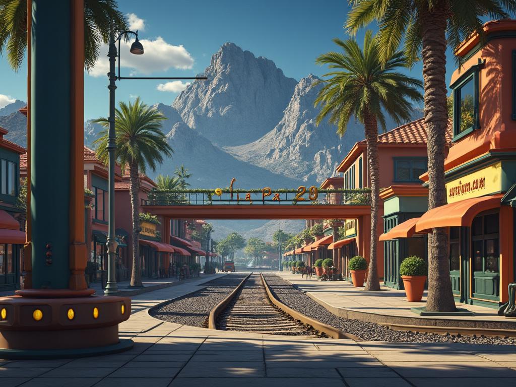 Calle con vía de tren, rodeada de edificios con toldos naranjas y palmeras, con una montaña al fondo bajo un cielo azul.