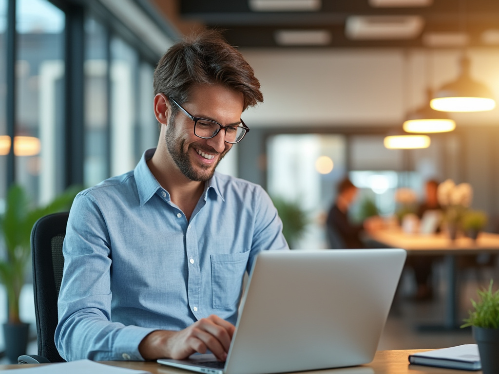 Man in blue shirt working on a laptop in a modern office with a bright smile, surrounded by plants and warm lighting.