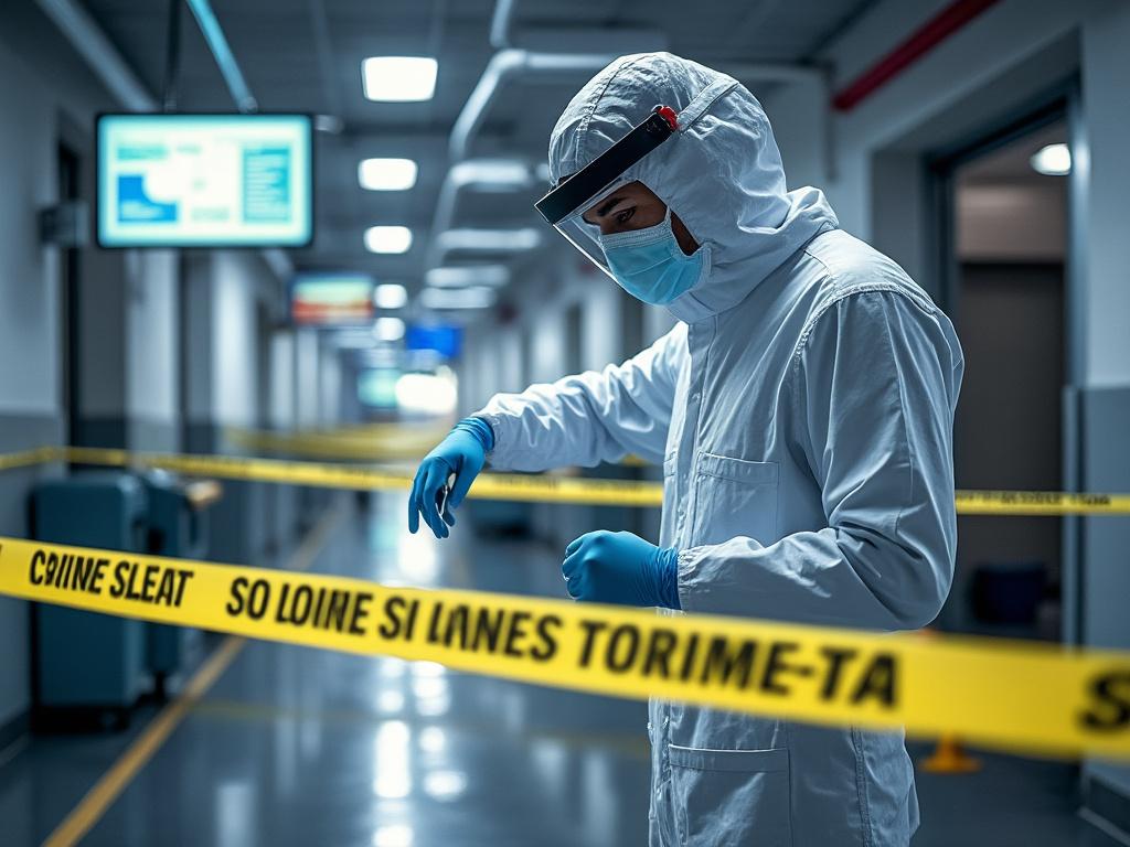 Investigador forense en un pasillo de hospital con cinta de precaución.