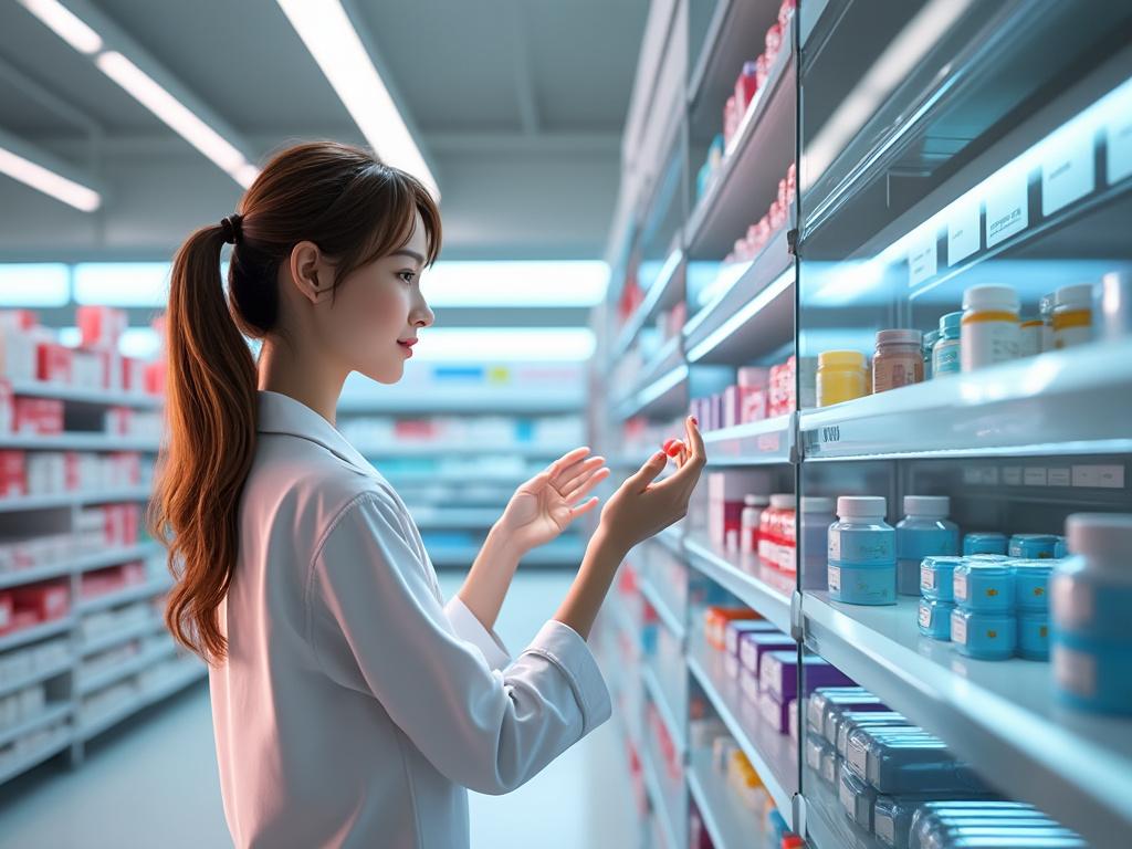 Farmacéutica joven seleccionando medicamento en estantería iluminada de farmacia moderna.