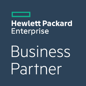 Logotipo de Hewlett Packard Enterprise Business Partner sobre fondo azul oscuro.