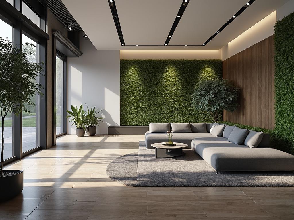 Sala moderna con sofá gris, mesa de café redonda, paredes con jardín vertical, plantas decorativas y grandes ventanales.