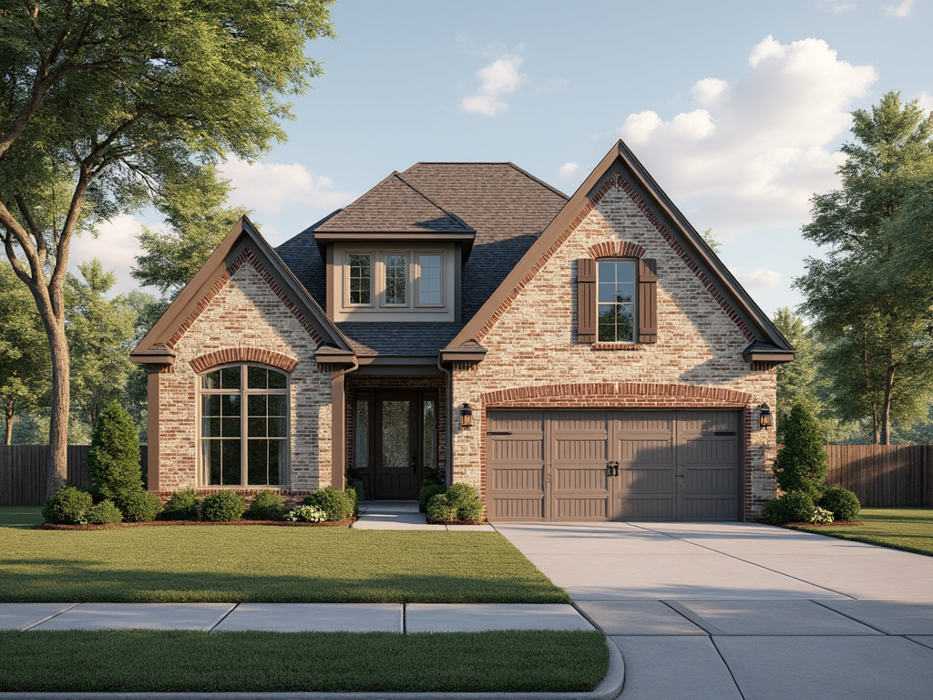 Charming brick house with gabled roof, large windows, and a double garage, surrounded by lush green lawn and trees.