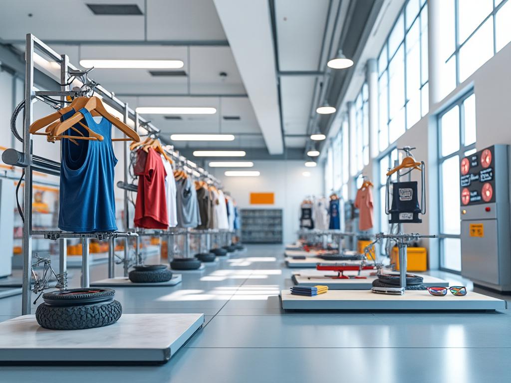 Interior de una tienda con ropa deportiva colgada en perchas sobre bases de neumáticos, iluminación moderna y grandes ventanales.