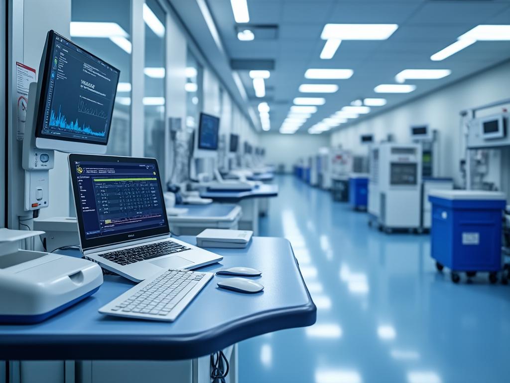 Laboratorio médico moderno con equipos tecnológicos avanzados, incluyendo una computadora portátil y monitores en un entorno clínico limpio e iluminado.