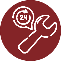 Icono de herramienta y reloj 24 horas sobre fondo rojo, representando servicio disponible todo el día. Icono de herramienta y reloj 24 horas sobre fondo rojo, representando servicio disponible todo el día.
