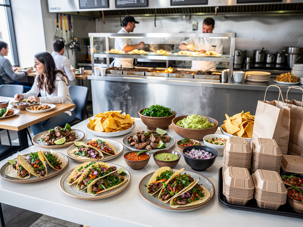 Mesa con tacos mexicanos, nachos, guacamole y envases para llevar en restaurante con cocina abierta