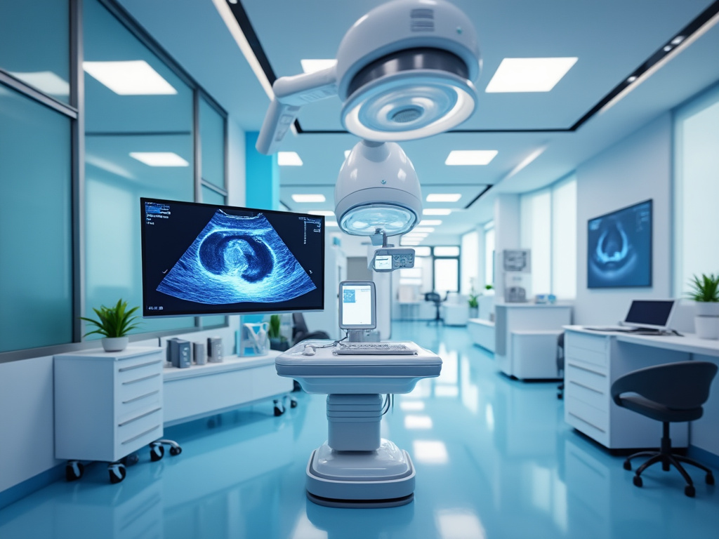 Sala de hospital moderna con máquina de ultrasonido mostrando imagen fetal en pantalla, iluminación brillante y mobiliario blanco.