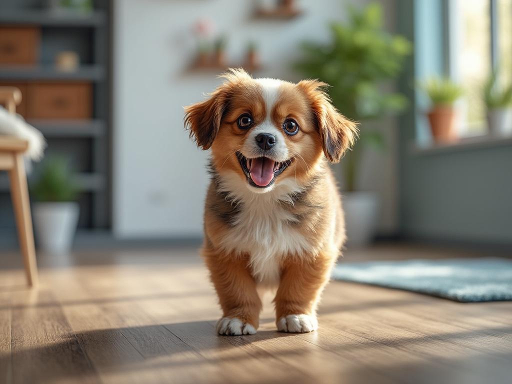 Perro pequeño y esponjoso con expresión alegre, en una sala de estar bien iluminada con plantas.
