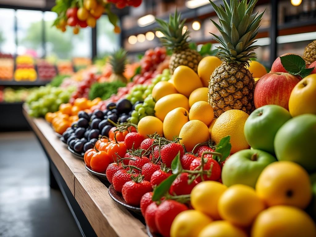 Mesa de mercado con variedad de frutas frescas como piñas, manzanas, naranjas, fresas y uvas.