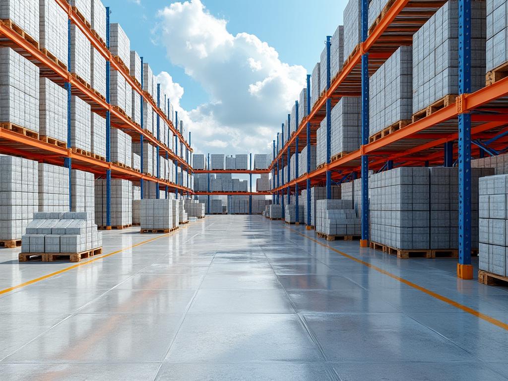 Almacén amplio con estanterías altas llenas de bloques de cemento.