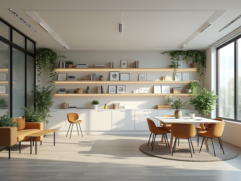 Oficina moderna con decoración minimalista, estantes iluminados, plantas verdes y muebles naranjas alrededor de una mesa blanca.